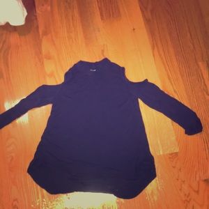 this is a cold shoulder long sleeve navy blue top.